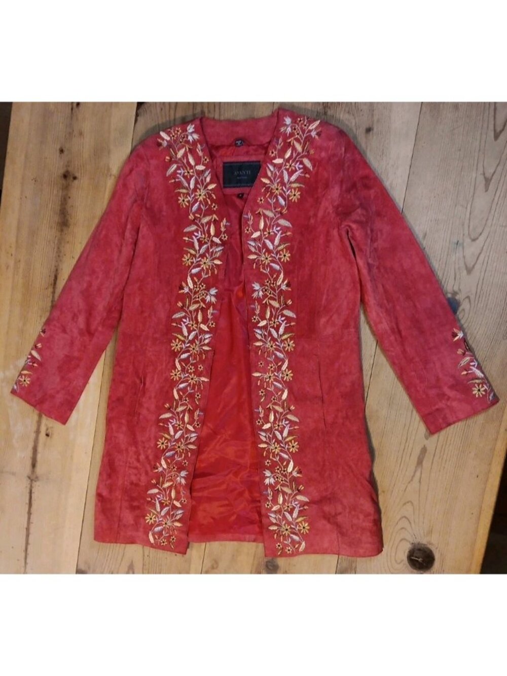 VTG Avanti Women S Red Suede 100% Leather Duster Jacket Floral Cottagecore Boho